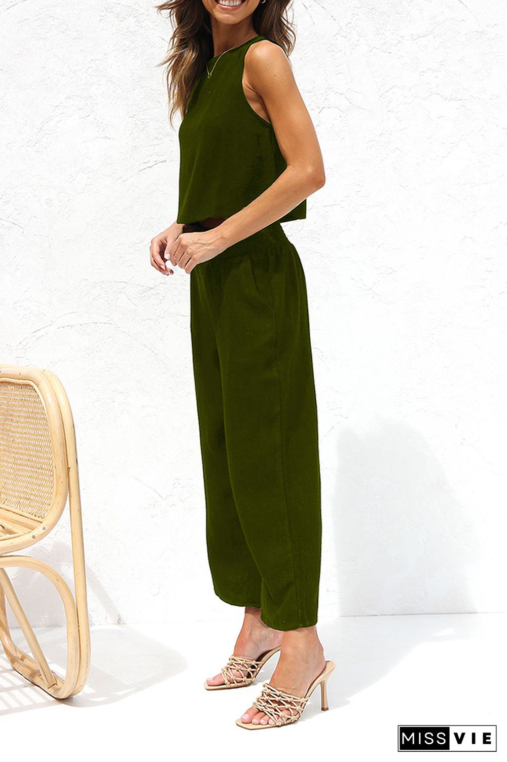 Plain Lien Tank Top With Wide Leg Pants 2pcs Set