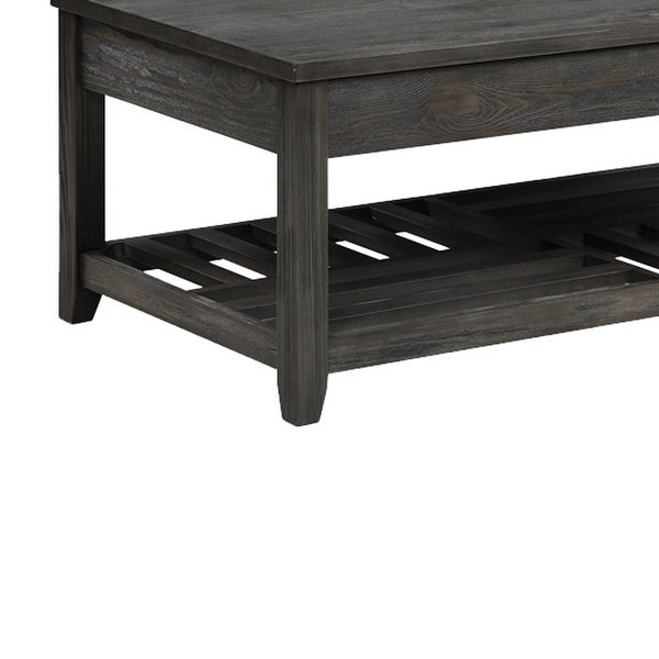 Transitional Style Wooden Coffee Table with Open Slatted Shelf， Gray