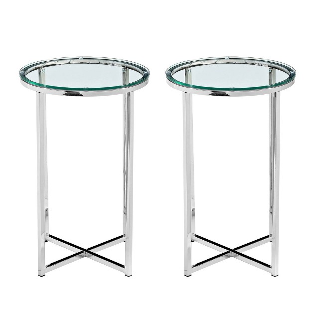 Set Of 2 Vivian Glam X Leg Round Side Tables Glass chrome Saracina Home