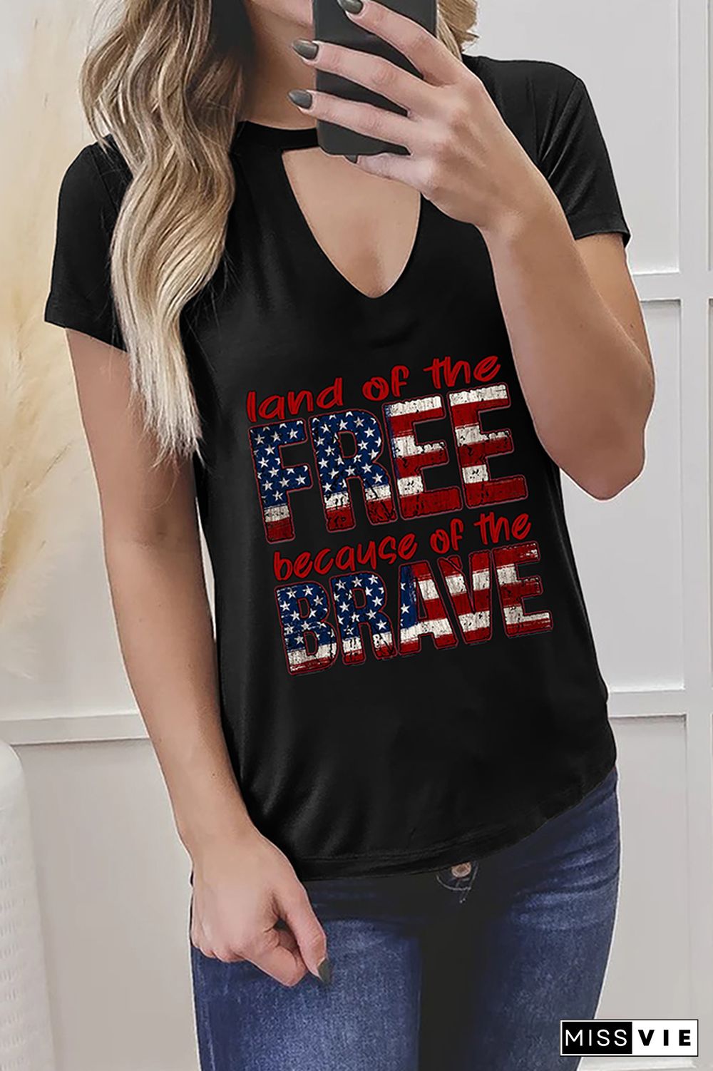 Land of the free because of the brave Graphic Tees for Women Wholesale Short Sleeve T shirts Top