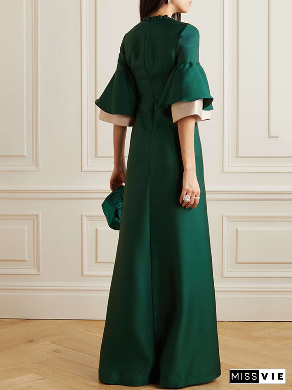 Flared Sleeves Half Sleeves Solid Color Round-Neck Maxi Dresses