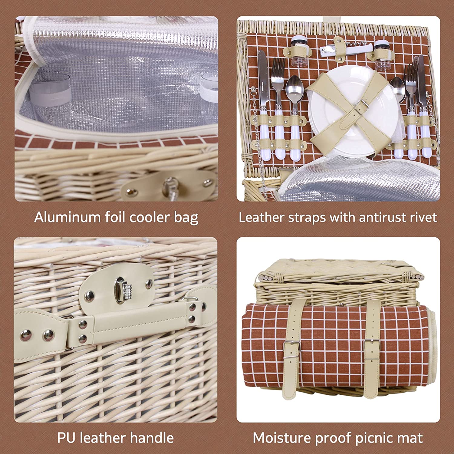 Willow Picnic Basket Set for 4 Person Wicker Hamper Sets with Picnic Blankets， Picnic Cutlery Service Kit， Insulated Cooler Compartment， Best Gifts for Couples， Family， Camping，Outdoor Party - Brown