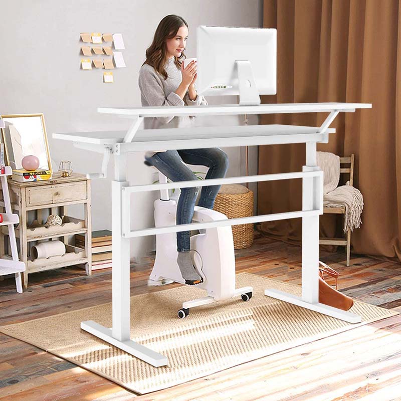 2-Tier Standing Desk, Height Adjustable Sit Stand Up Desk, Computer Desk Workstation with Monitor Stand & Foldable Crank Handle