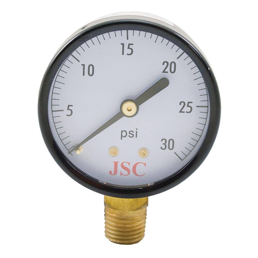 JONES STEPHENS 30 PSI Pressure Gauge with 2 in. Face and 14 in. MIP Brass Connection G60030