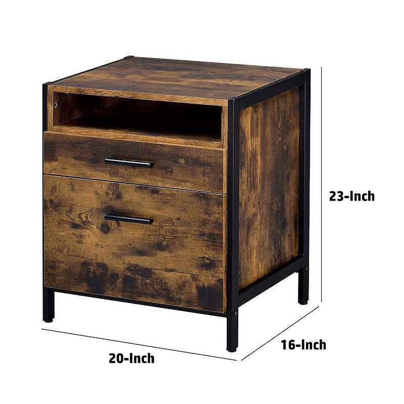 Nat 23 Inch Rustic Wood Nightstand， 2 Drawers， Brown and Black