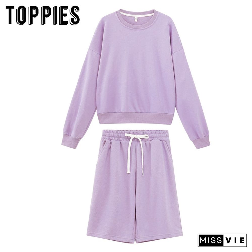 Toppies Women Two Piece Set Tracksuits O-Neck Sweatshirts Elastic High Waist Bermuda Shorts Solid Color