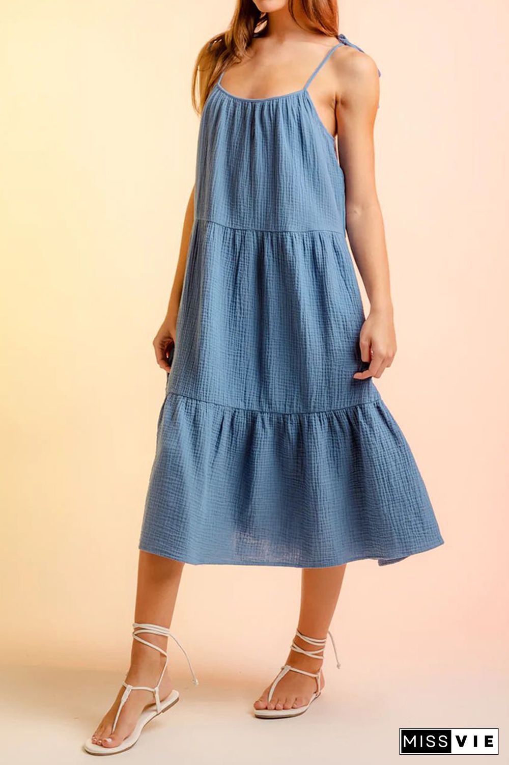 Plain Tie Cami Strap Tiered Midi Dress