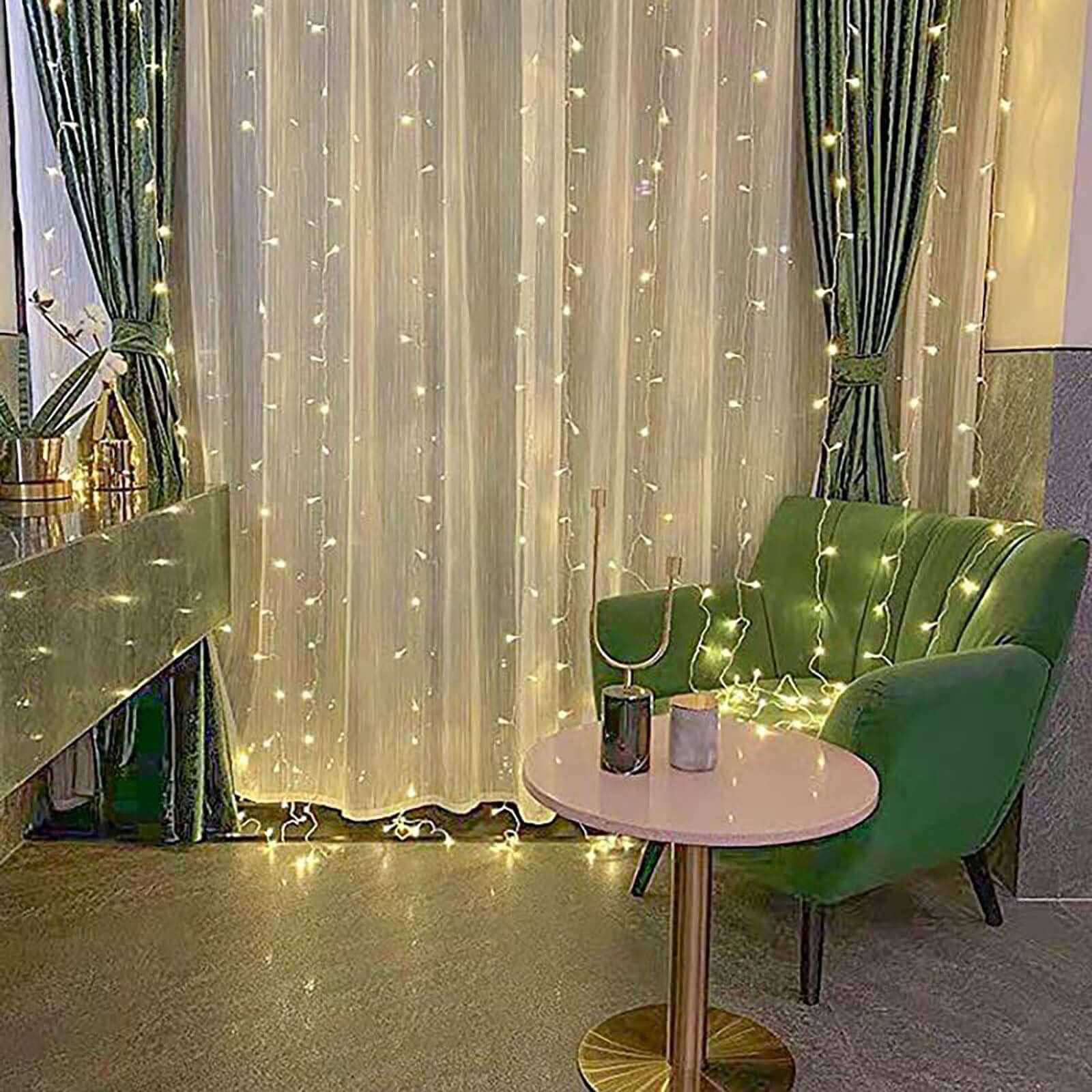 Warm White 300 LED Icicle Curtain Fairy String Lights with 8 Modes 10ft