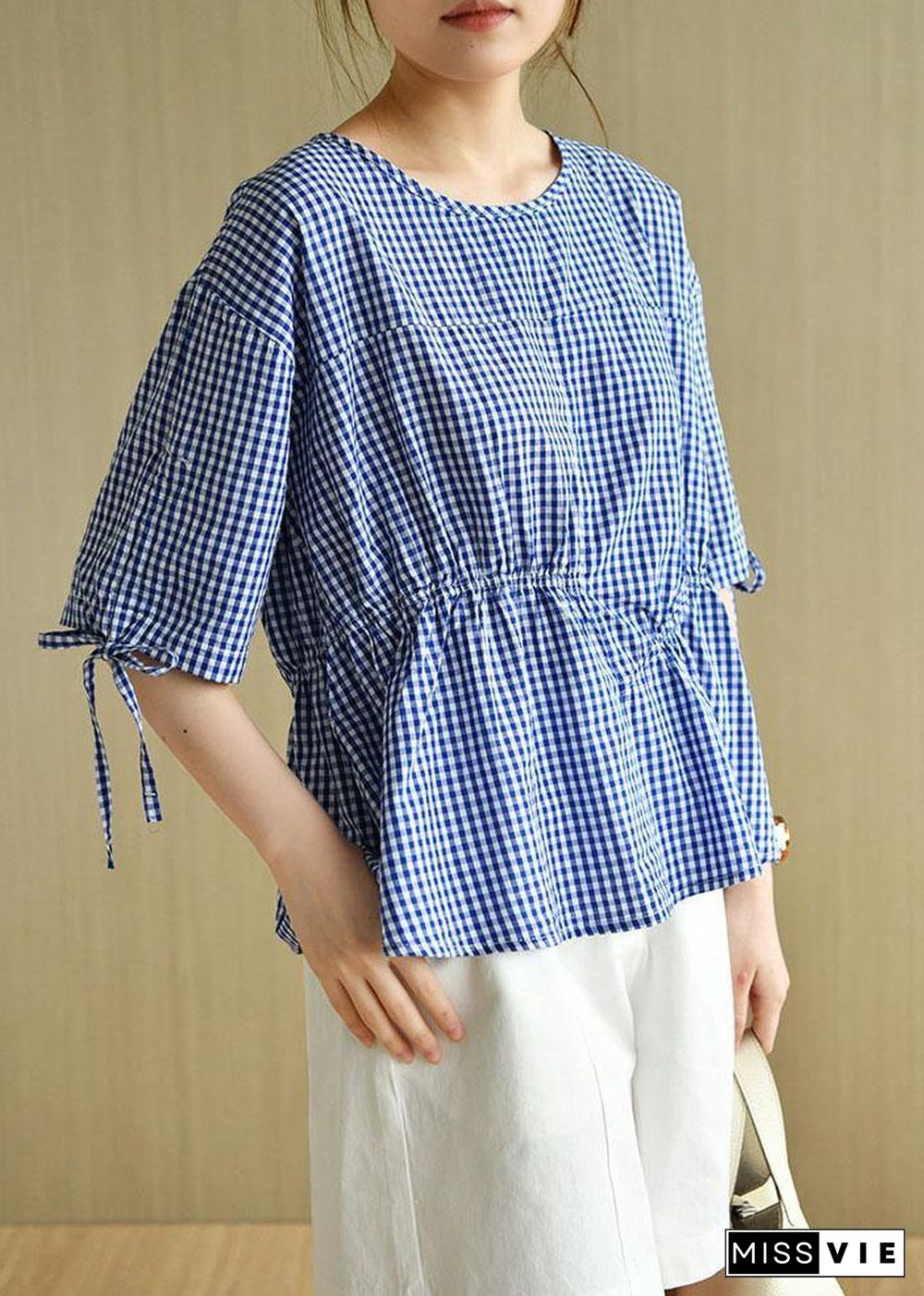 French Blue Plaid Patchwork Drawstring Summer Cotton Half Sleeve Blouse Top