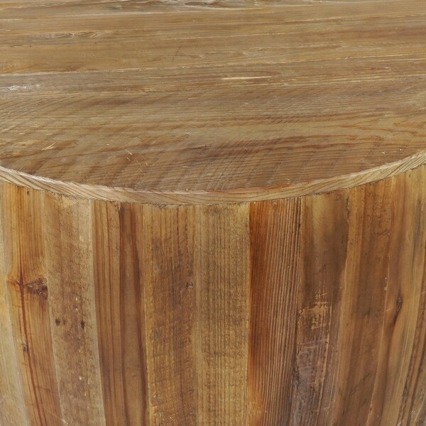 26 Inch Side End Table， Recycled Fir Wood， Round Drum Shape， Walnut Brown