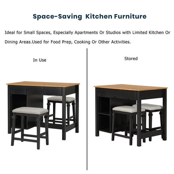 Farmhouse Kitchen Island set， including 2 stools and dining table with lockers， drawers and fallen leaves