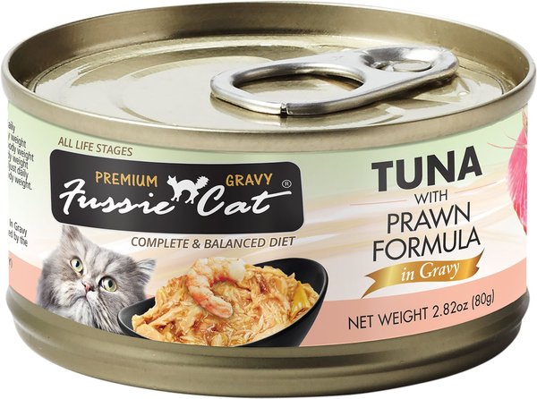 Fussie Cat Tuna with Prawns in Gravy Wet Cat Food， 2.82-oz can， case of 24