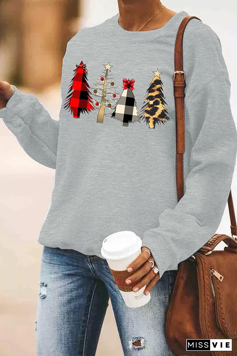 Christmas Print Essencial O-neck Long Sleeve Sweatshirts Women Wholesale