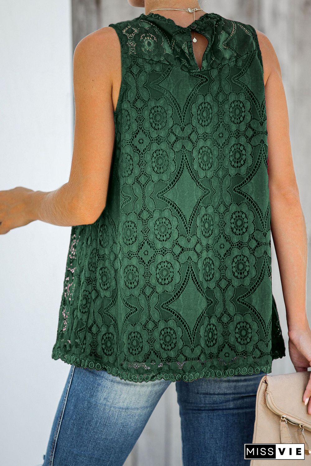 Green Lace Hollow Out Sleeveless T-Shirt