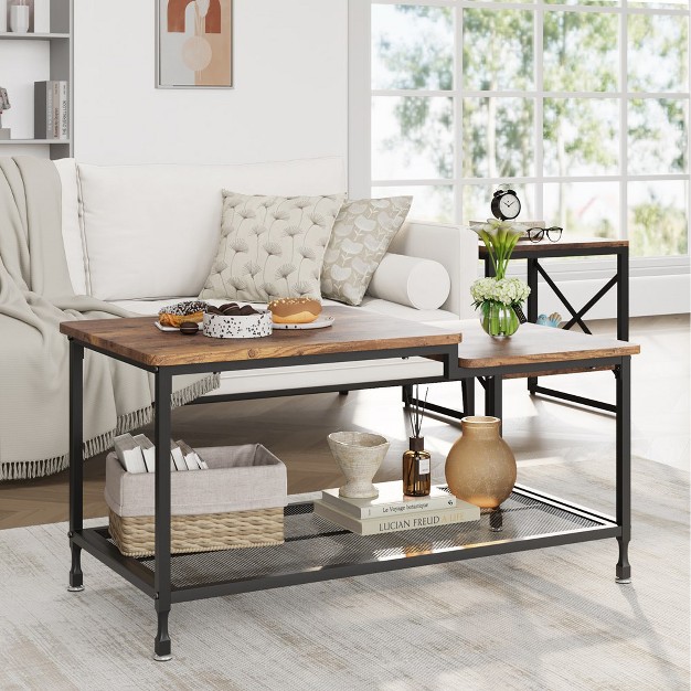 Trinity Coffee Table Industrial Living Room Table 2 tier Rustic Center Table With Mesh Shelf Brown