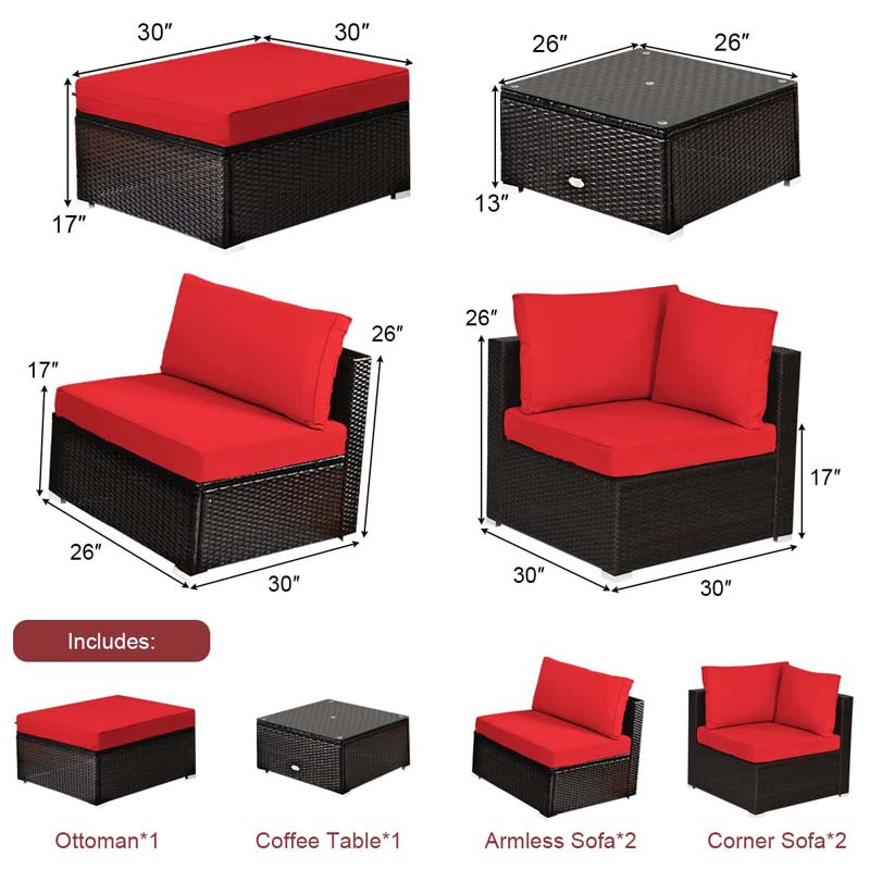 6 Pcs Outdoor Rattan Sectional Sofa Set with Coffee Table & Removable Seat & Back Cushions