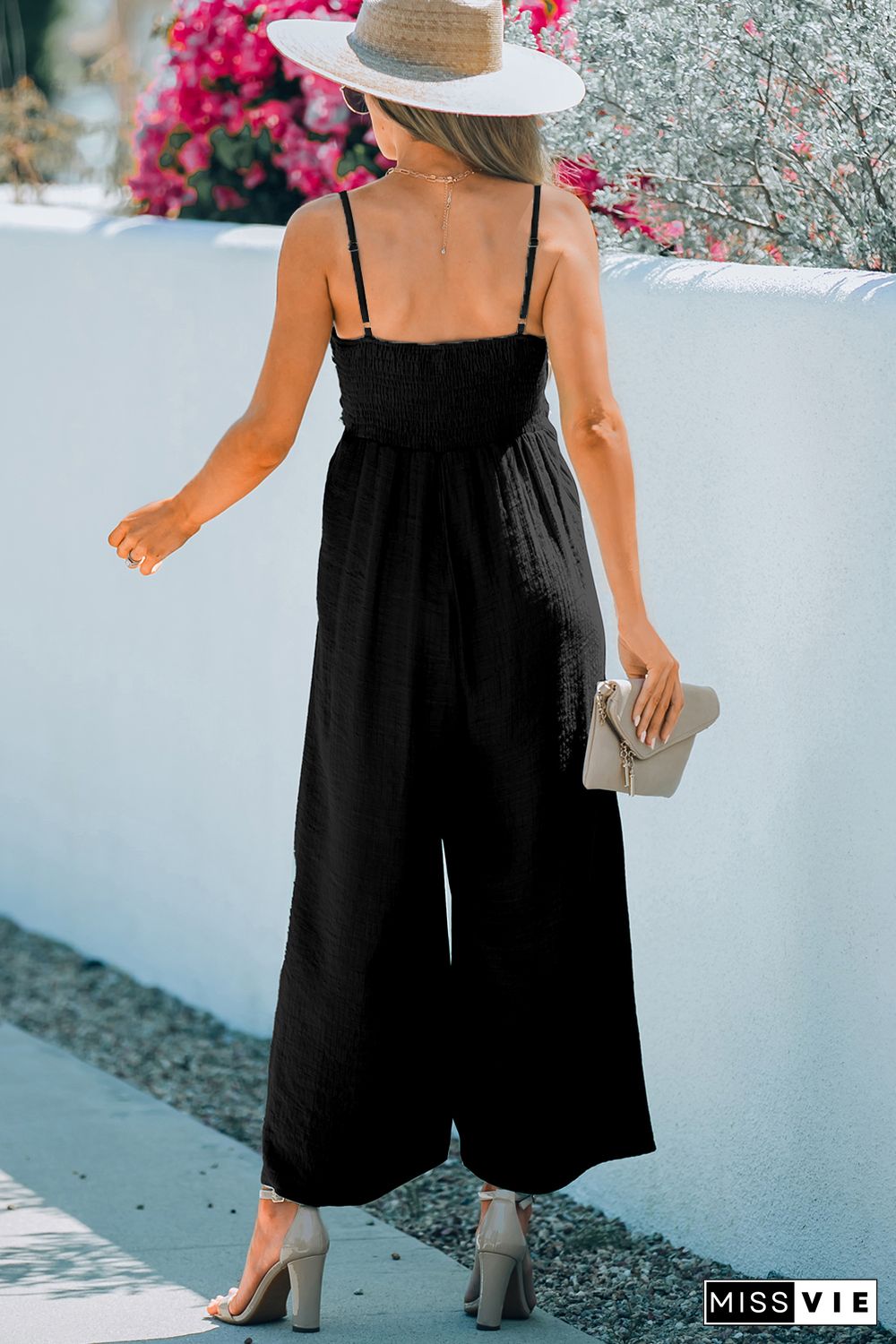 Black Front Knot Smocked Back Spaghetti Straps Jumpsuit