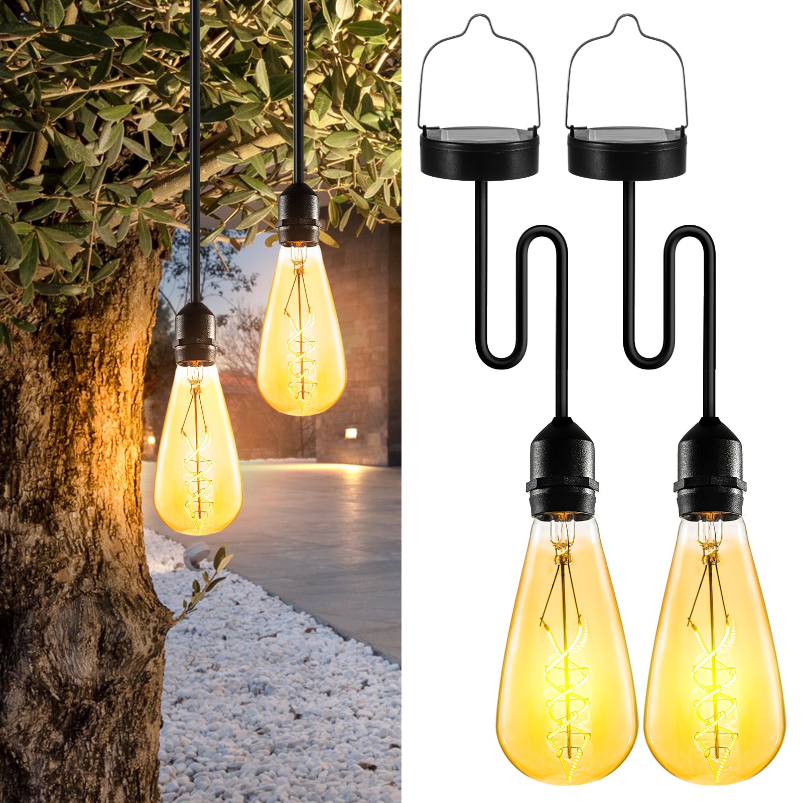 Outdoor Glass Hanging Solar Lights， Edison Bulbs Solar Powered Lantern Waterproof LED Garden Decorative Light for Patio Yard Tree 2 Pack