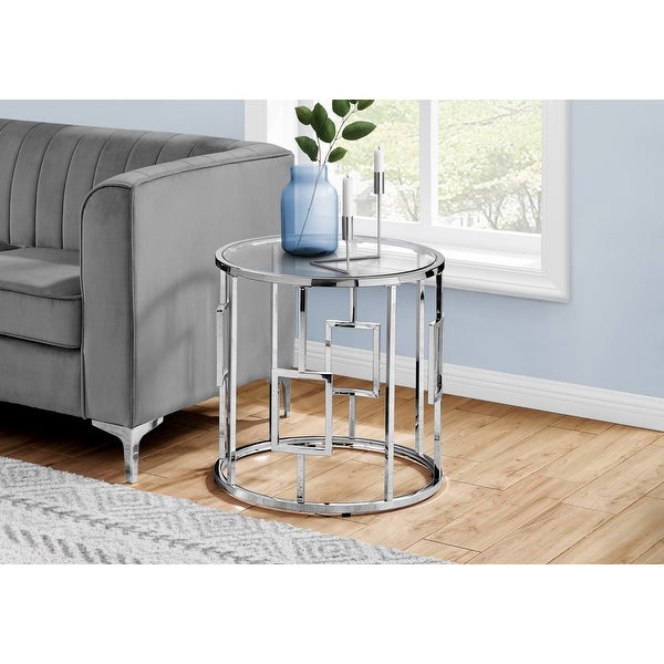 Accent Table， Side， End， Nightstand， Lamp， Living Room， Bedroom， Metal， Tempered Glass， Chrome， Clear， Transitional