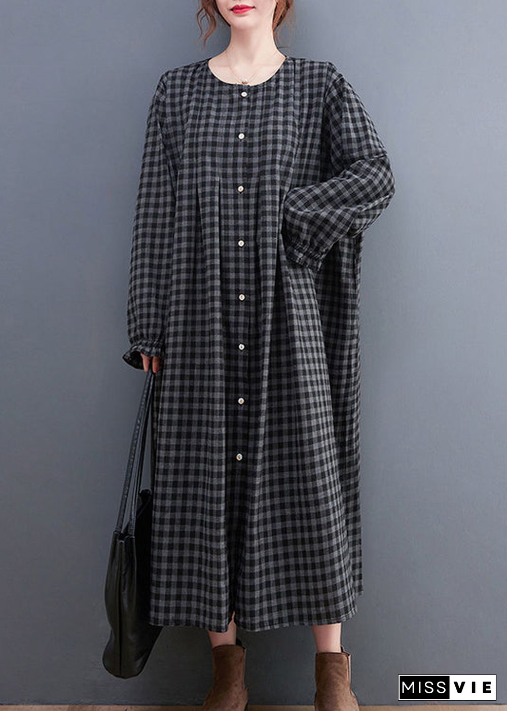 Plus Size Grey Plaid O-Neck Button Maxi Dresses Long Sleeve