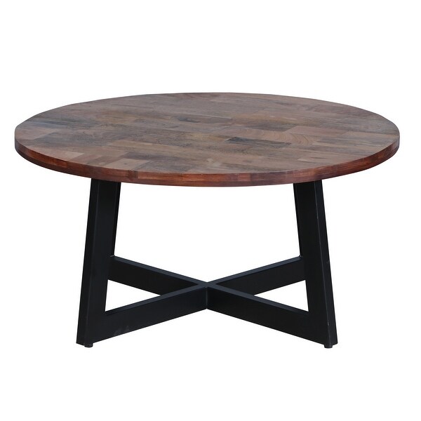 31 Inch Round Mango Wood Farmhouse Coffee Table， X Shape Iron Frame， Brown， Black