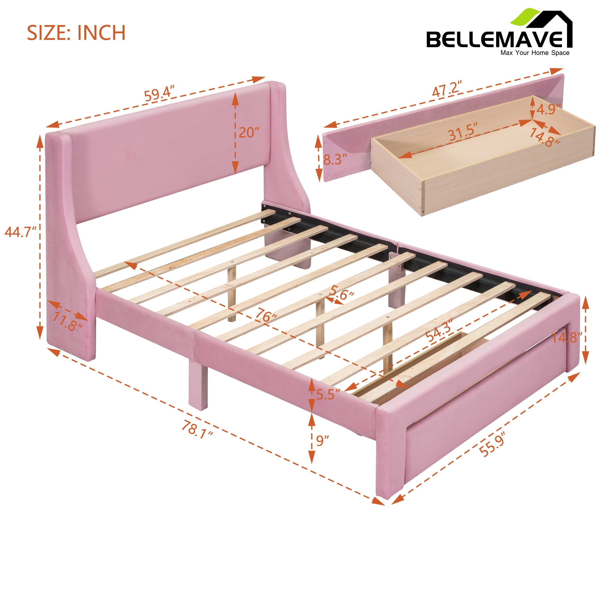 Bellemave Full Size Pink Velvet Upholstered Platform Bed with One Spacious Drawer and Wood Slats, Wood Frame Full Size Paltform Bed for Kids Teen Adults