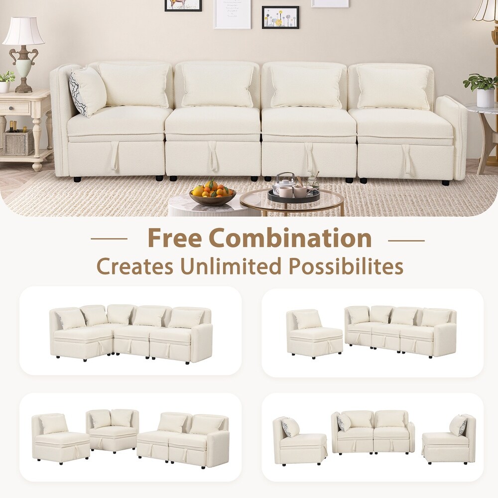 123 inch Convertible Modular Sofa  4 Seater Chenille Fabric Sectional Sofa Built in Storage Couch with Pillows  for Living Room