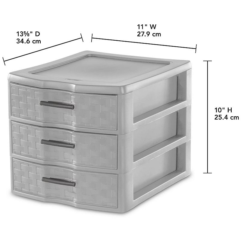 Sterilite Medium Weave 3 Drawer Storage Unit Versatile Organizer， Grey (4 Pack)