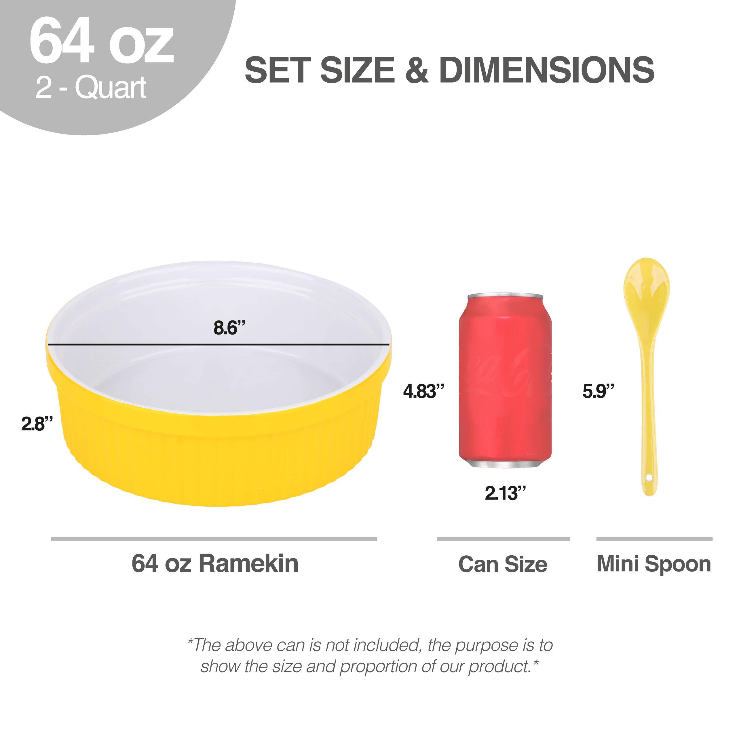 Souffle Dish Ramekins for Baking‚ 64 Oz， 2 Quart Large Ceramic Oven Safe Round Fluted Bowl with Mini Condiment Spoon for Souffle Pot Pie Casserole Pasta Roasted Vegetables Baked Dessert