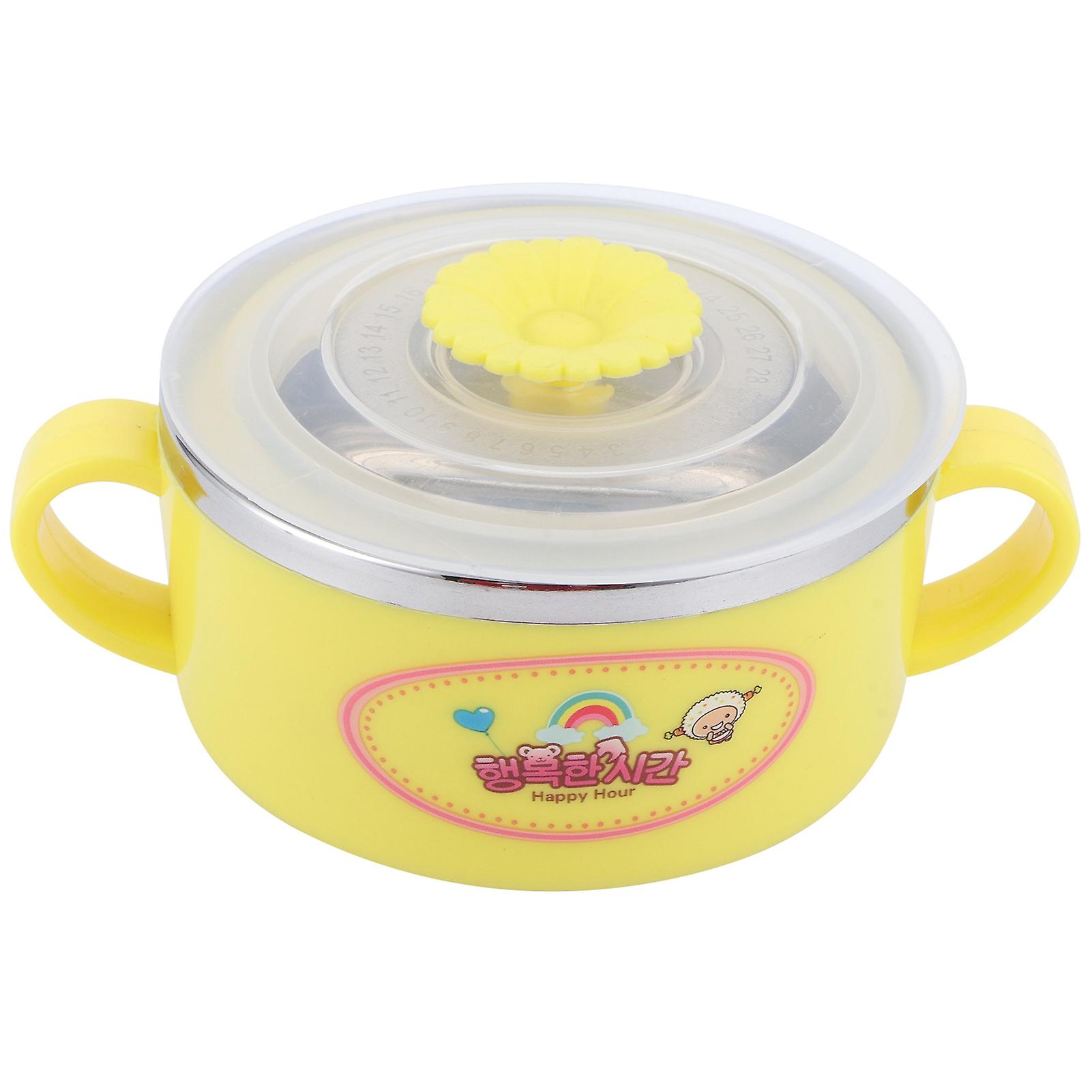 Baby Children Bowl Cartoon 304 Stainless Steel Rice Feeding Bowl with Lid TablewareYellow