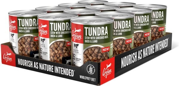 ORIJEN Real Meat Shreds Tundra Stew Grain-Free Wet Dog Food， 12.8-oz can， case of 12