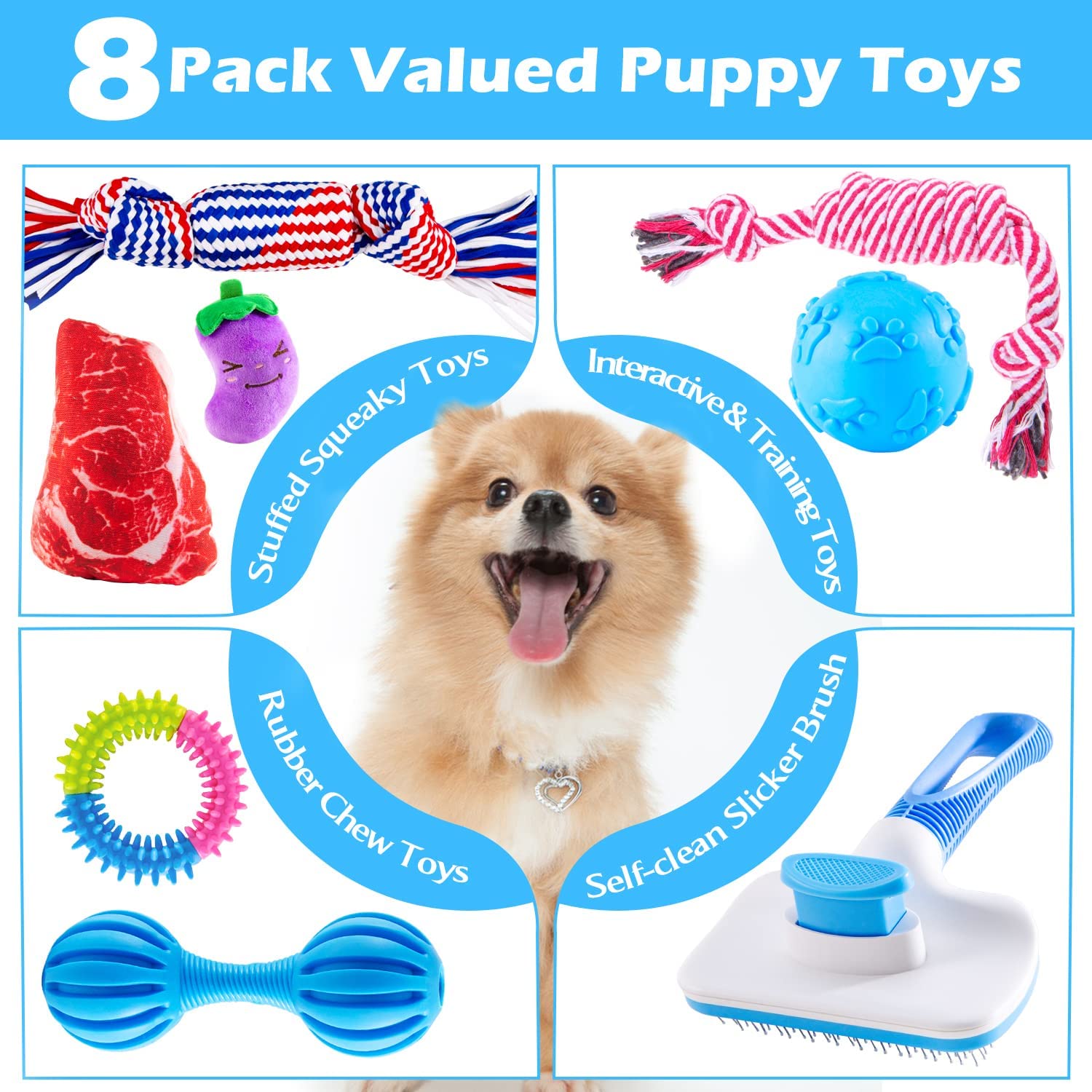 Heibizi Puppy Toys for Teething Small Dogs， Dog Toys for Small Dogs， Puppy Teething Chew Toys， Small Dog Toys Pack with Stuffed Squeaky Toys， Dog Ball， Ring Toy， Rope Toy， Dog