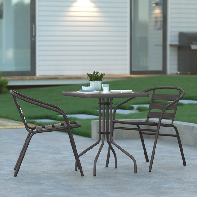 Emma And Oliver 23 5 x27 x27 Square Glass Top Metal Table With 2 Aluminum Slat Stack Chairs