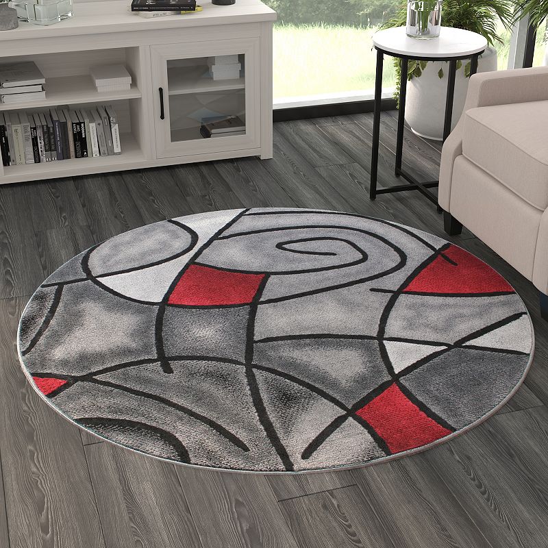 Masada Rugs Masada Rugs Trendz Collection 5'x5' Round Modern Contemporary Round Area Rug in Red， Gray and Black