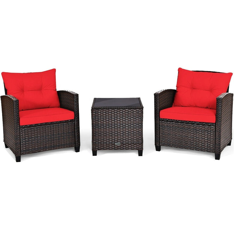 3 Pcs Rattan Patio Conversation Set Outdoor Wicker Sofa Set with Washable Cushions & Coffee Table