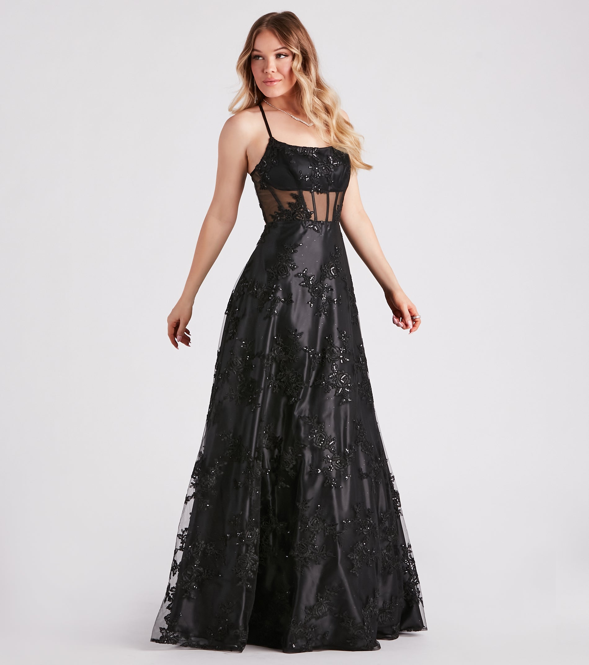 Monica Sequin Embroidered Lace Ball Gown