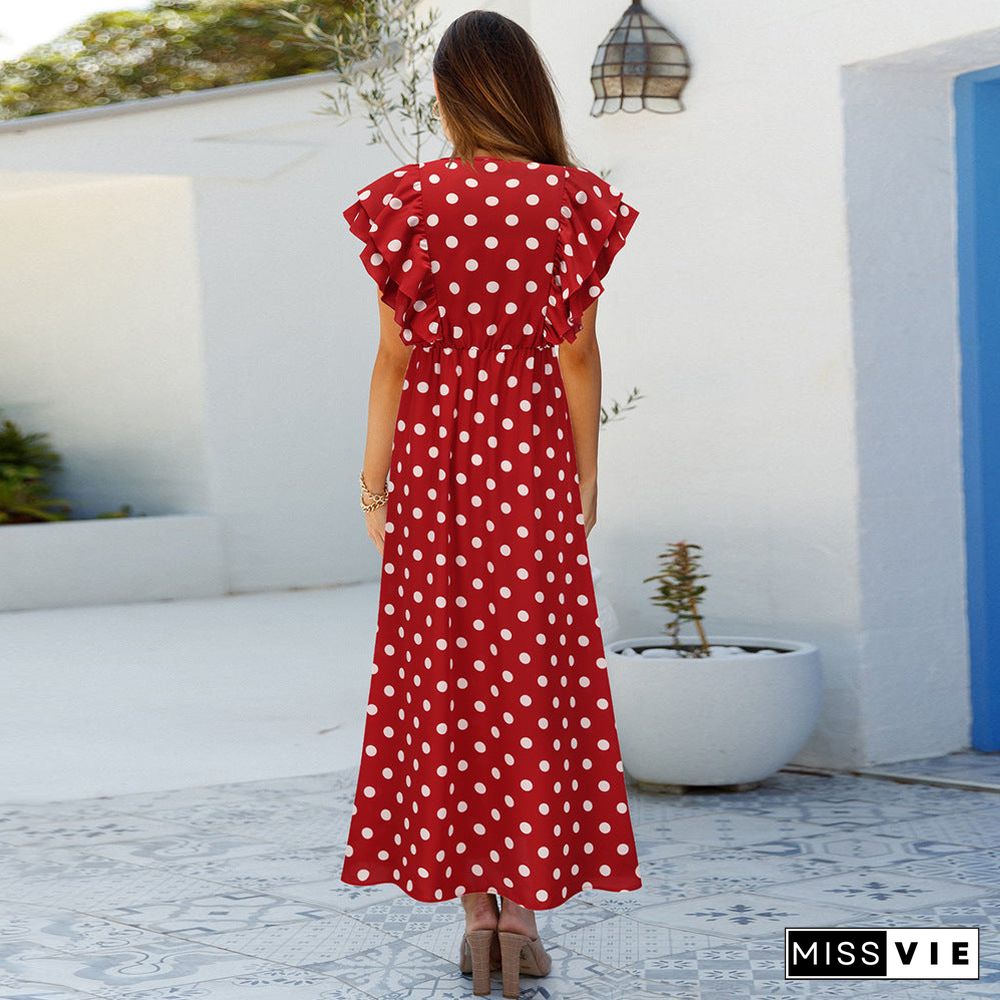 Polka Dot V Neck Cap Sleeve Maxi Dress