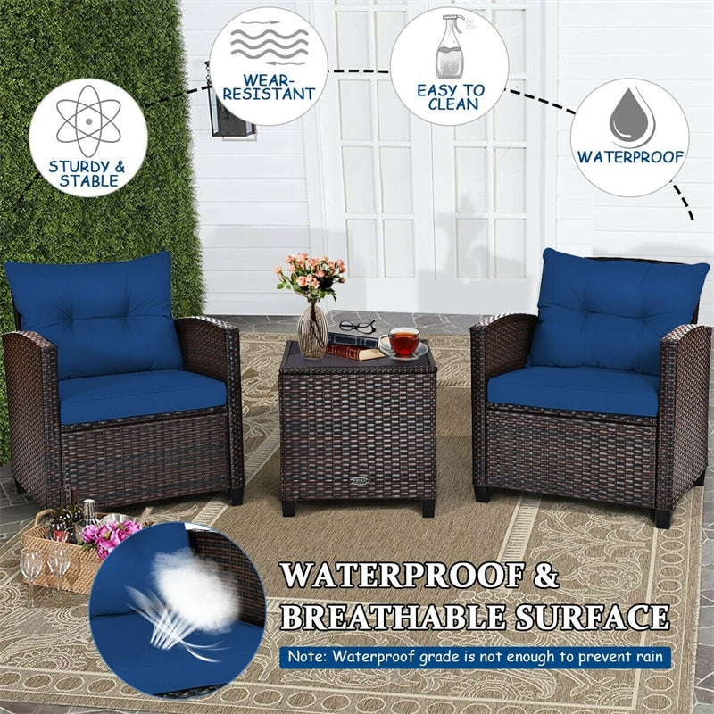 3 Pieces Patio Rattan Furniture Set Outdoor Wicker Conversation Set with Washable Cushion and Coffee Table