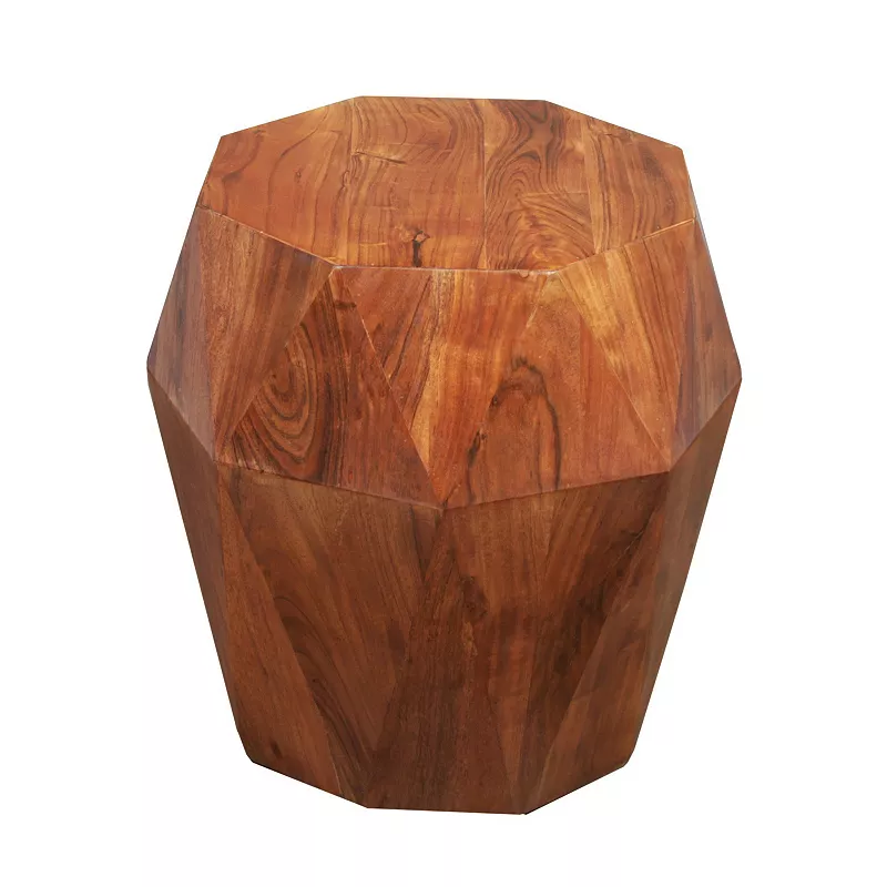 Bon 22 Inch Artisanal End Side Table， Multifaceted Solid Acacia Wood， Octagon Top， Warm Brown