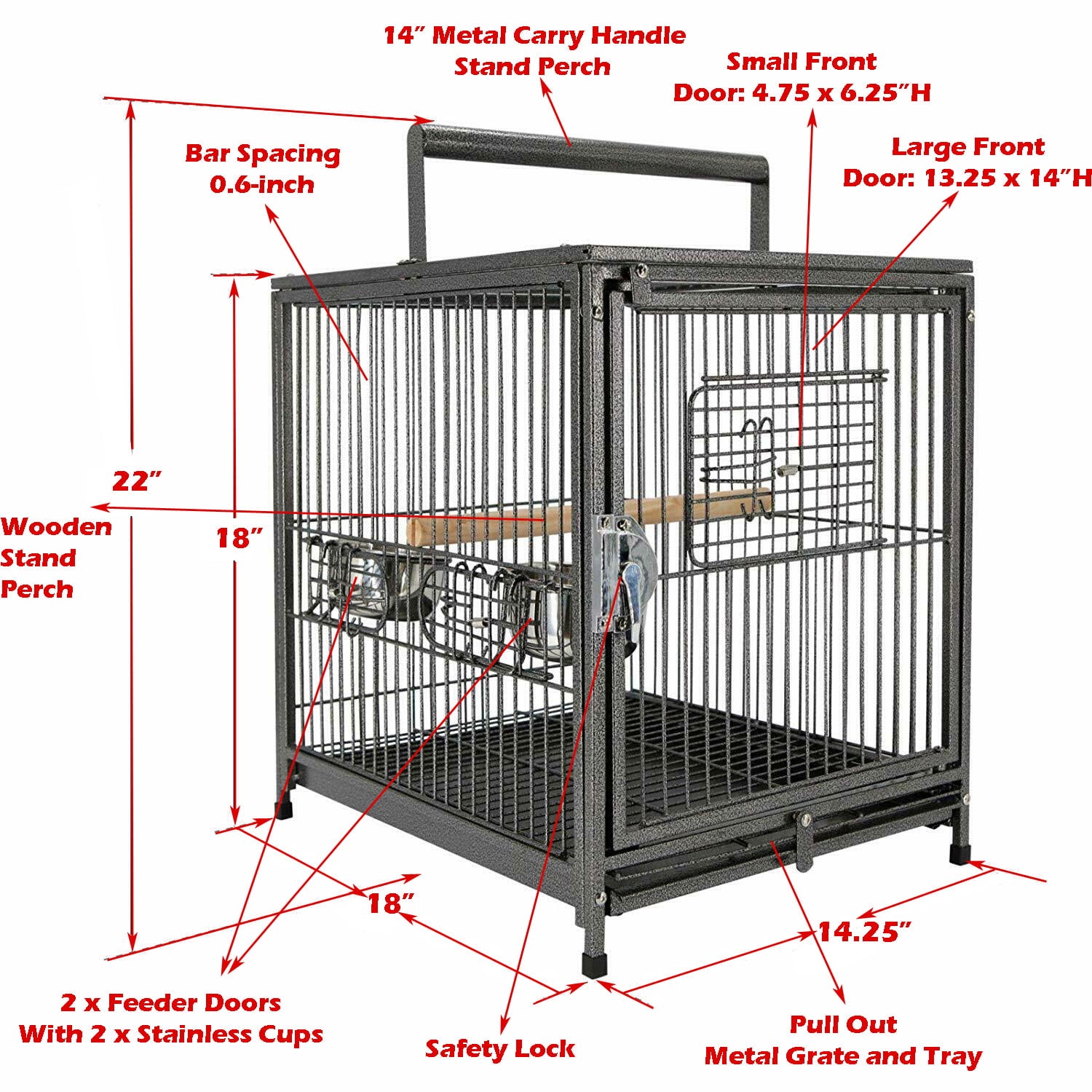 22-Inch Portable Heavy Duty Travel Veterinary Parrot Bird Carrier Play Stand Perch Cage Feeding Bowl Stand with Handle and Accessories