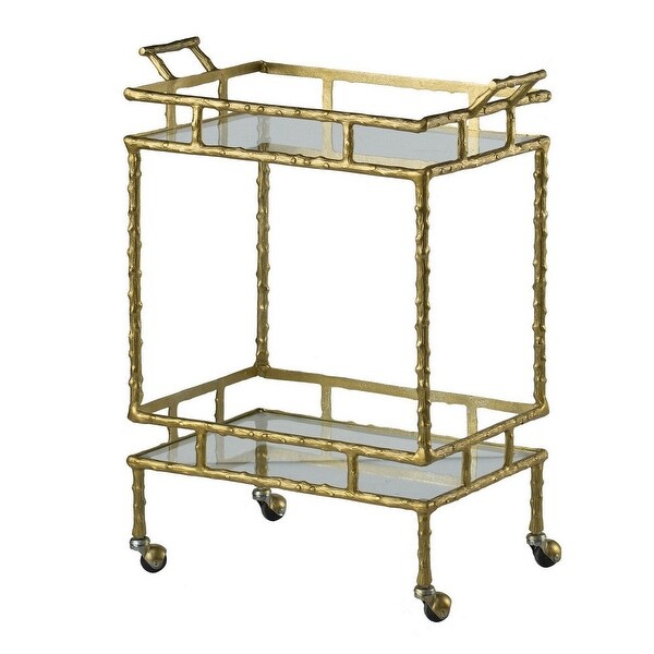 30 Inch 2 Tier Bar Cart， Aluminum Frame， Clear Glass Shelves， Antique Brass - 29.9 H x 23.6 W x 13.8 L Inches