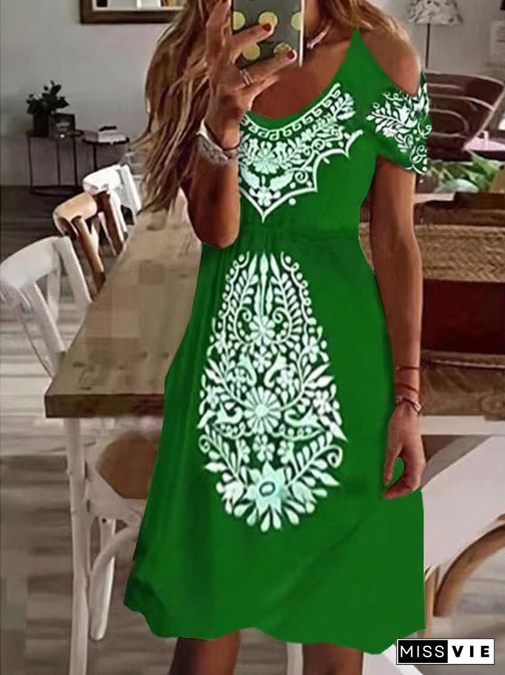 Women'S Dresses Printed V-Neck Off-Shoulder Short Sleeve Dress