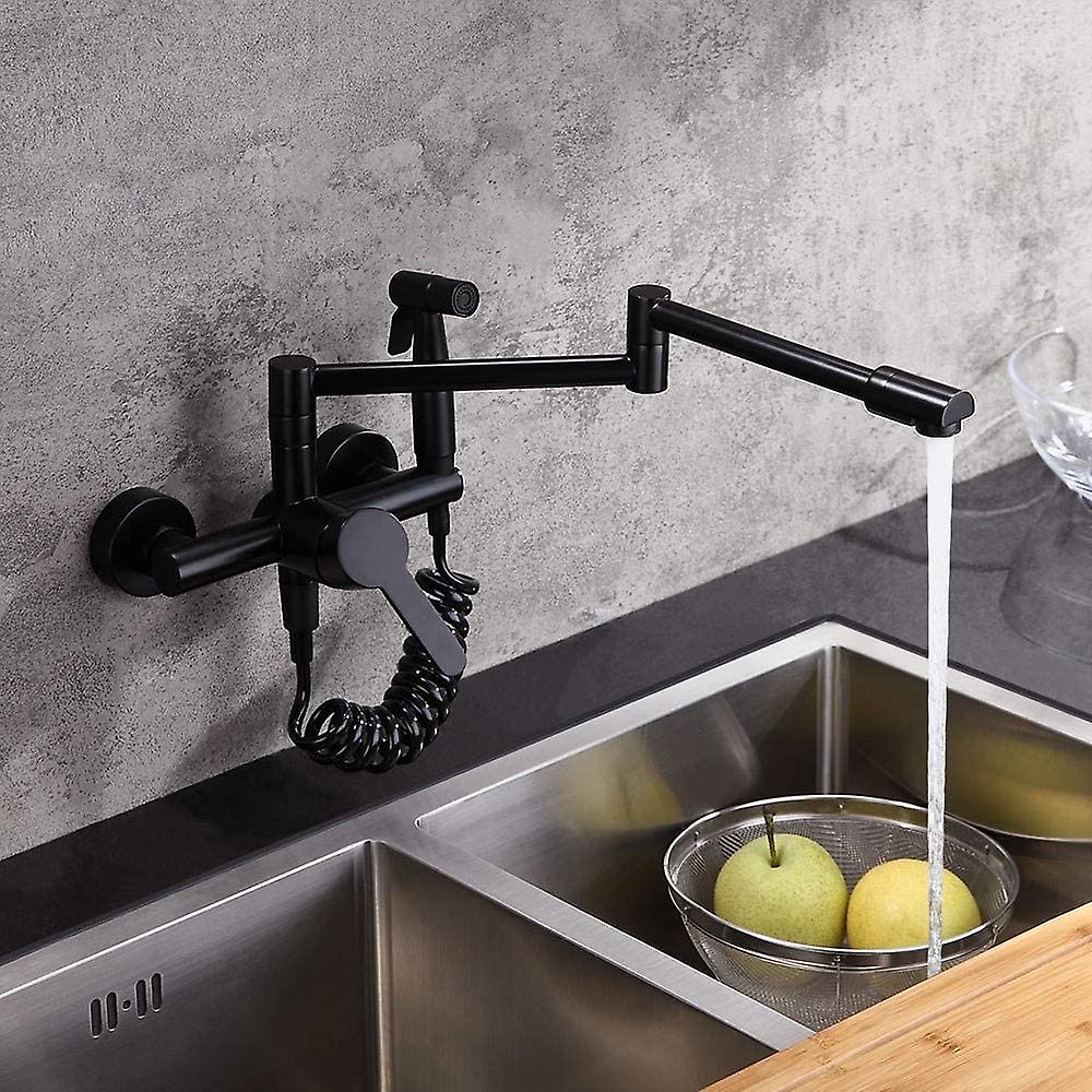 Basin Mixer Tap Black Kitchen Sink Faucet With Sprayer， Modern Single Handle Pull Down Wall Mounted Filler Faucet With Swivel Arm In Matte Black Solid