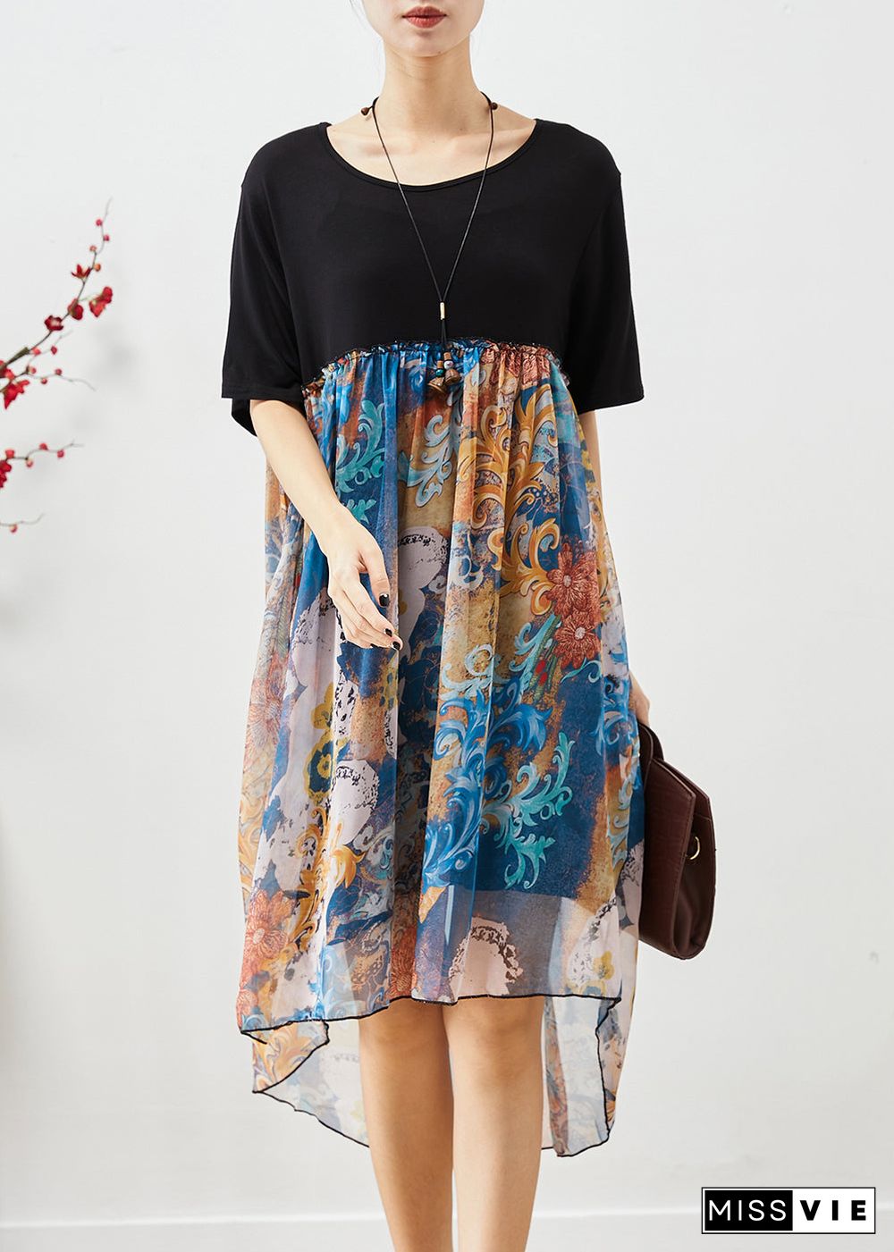 Loose Black O-Neck Patchwork Print Chiffon Beach Dress Summer