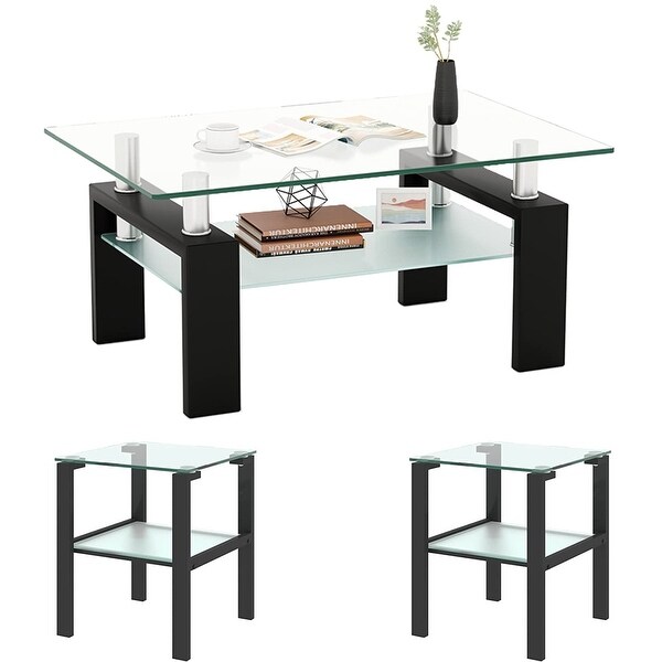 Glass Coffee Table and End Table Set， Living Room Table Set of 3，Transparent Table Set - as picture