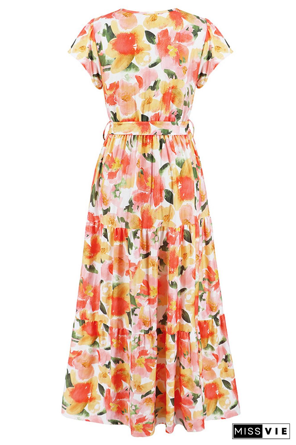 V Neck Flare Sleeves Floral Maxi Dress With Sash