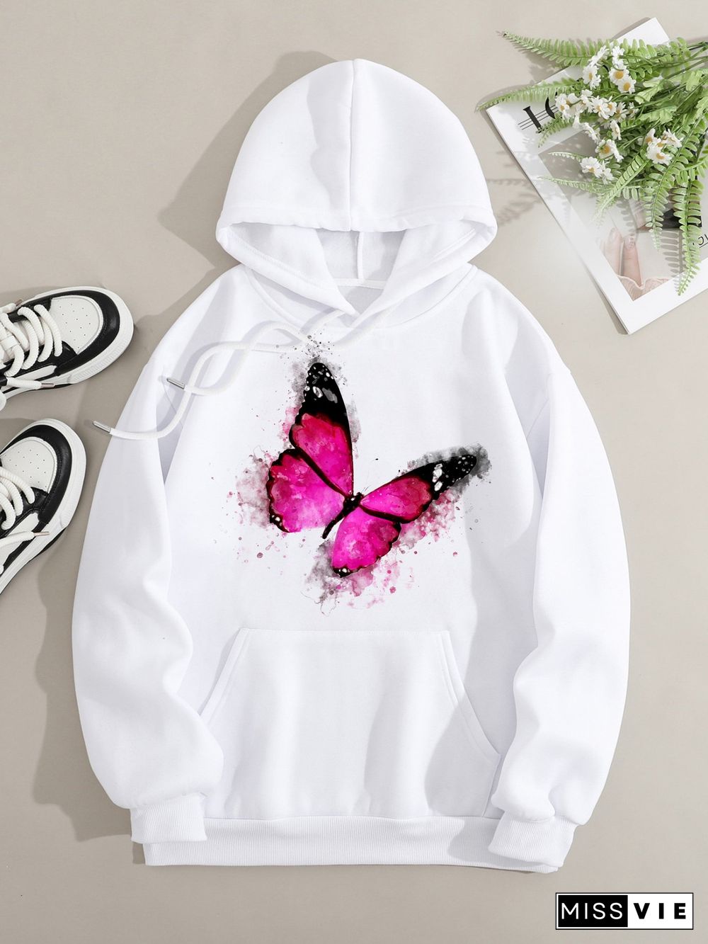 Printed on front Kangaroo Pocket Hoodie Long Sleeve for Women Pattern Butterfly