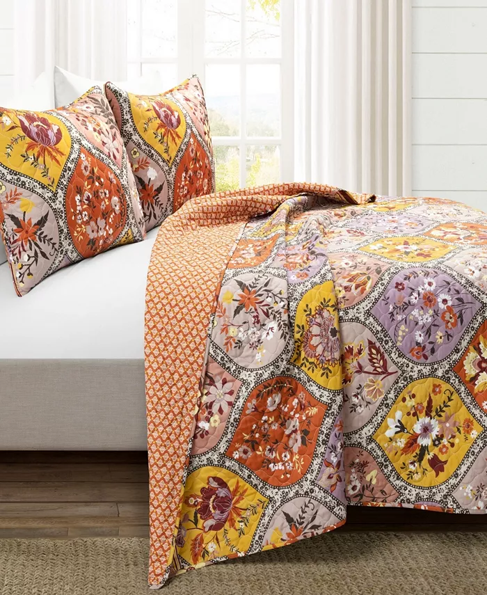 Lush Dandeacute;cor Bohemian Flower Reversible Oversized Cotton 3-Piece Quilt Set， Full Queen