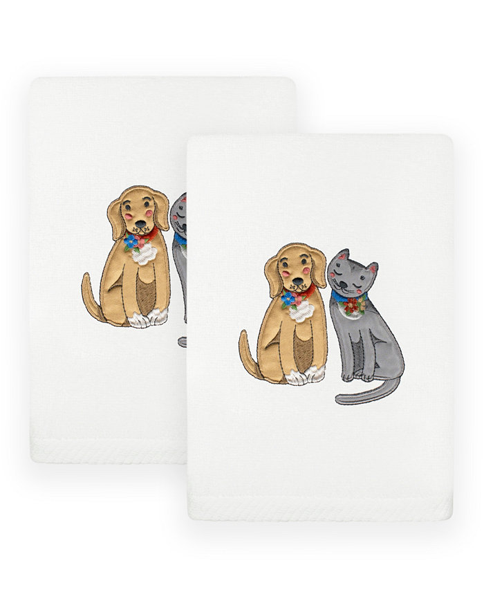 Linum Home Textiles Spring Dog and Cat Embroidered Luxury 100% Turkish Cotton Hand Towels Set of 2 30 x 16