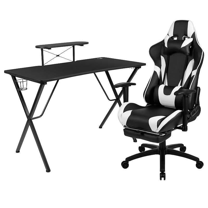 Emma and Oliver Gaming Desk and Chair Set - Cup Holder， Headphone Hook， and Monitor Stand